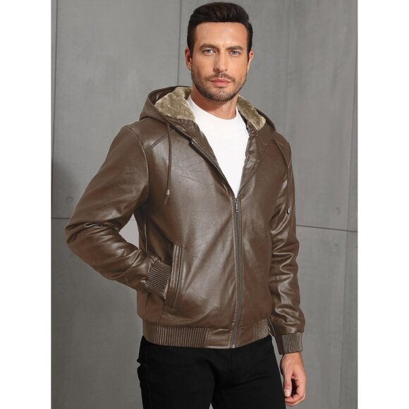 Brand New Men's Brown Polyester Sherpa Lined Hooded Faux Leather Bomber Jacket - Picture 3 of 9